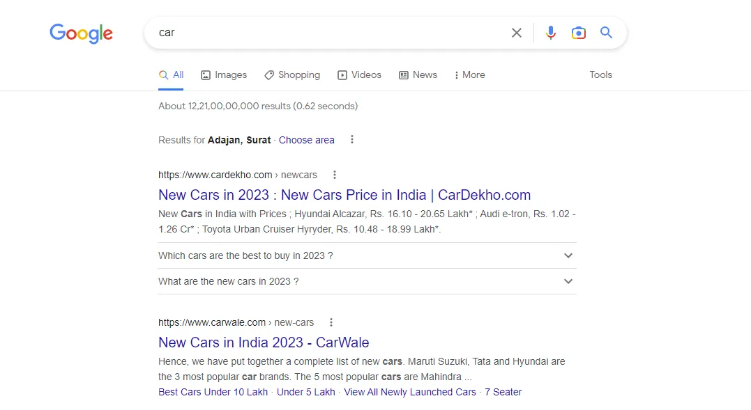 Google search results for the term 'car'