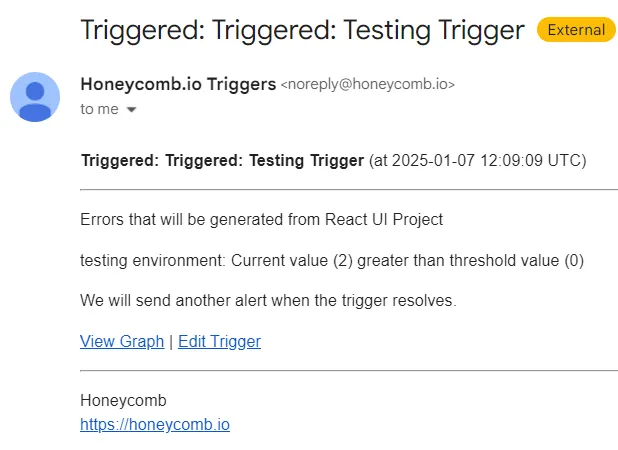 A triggered alert email from Honeycomb