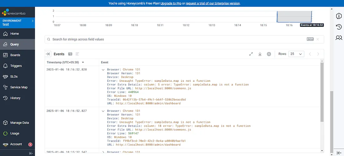 Viewing captured error events in the Honeycomb dashboard