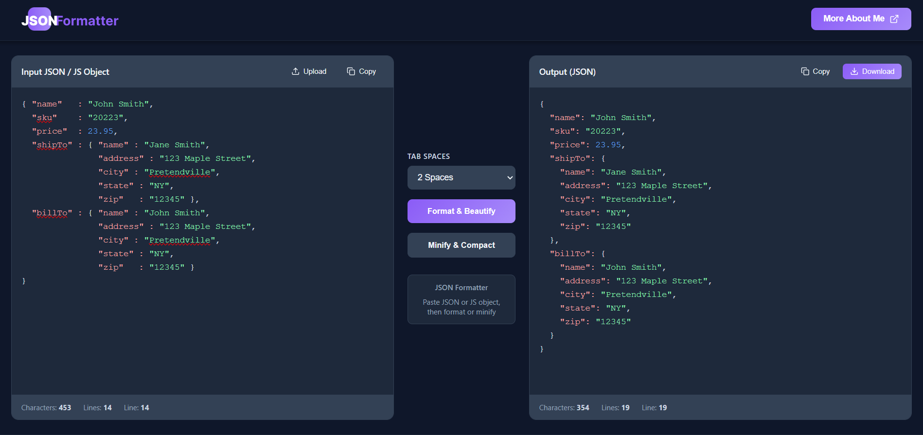 JSONFormatter web app screenshot